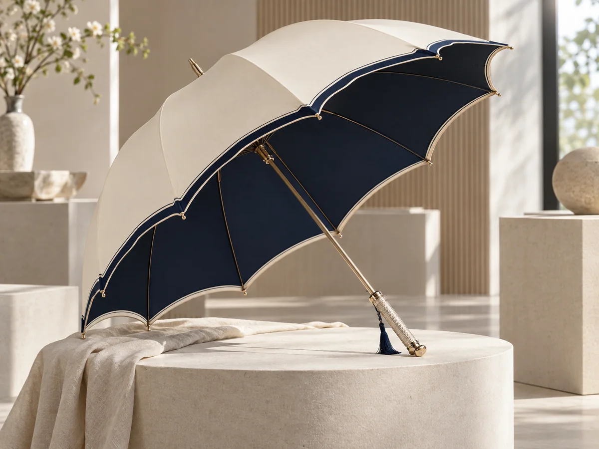 Premium navy and cream fashion parasol in a boutique setting