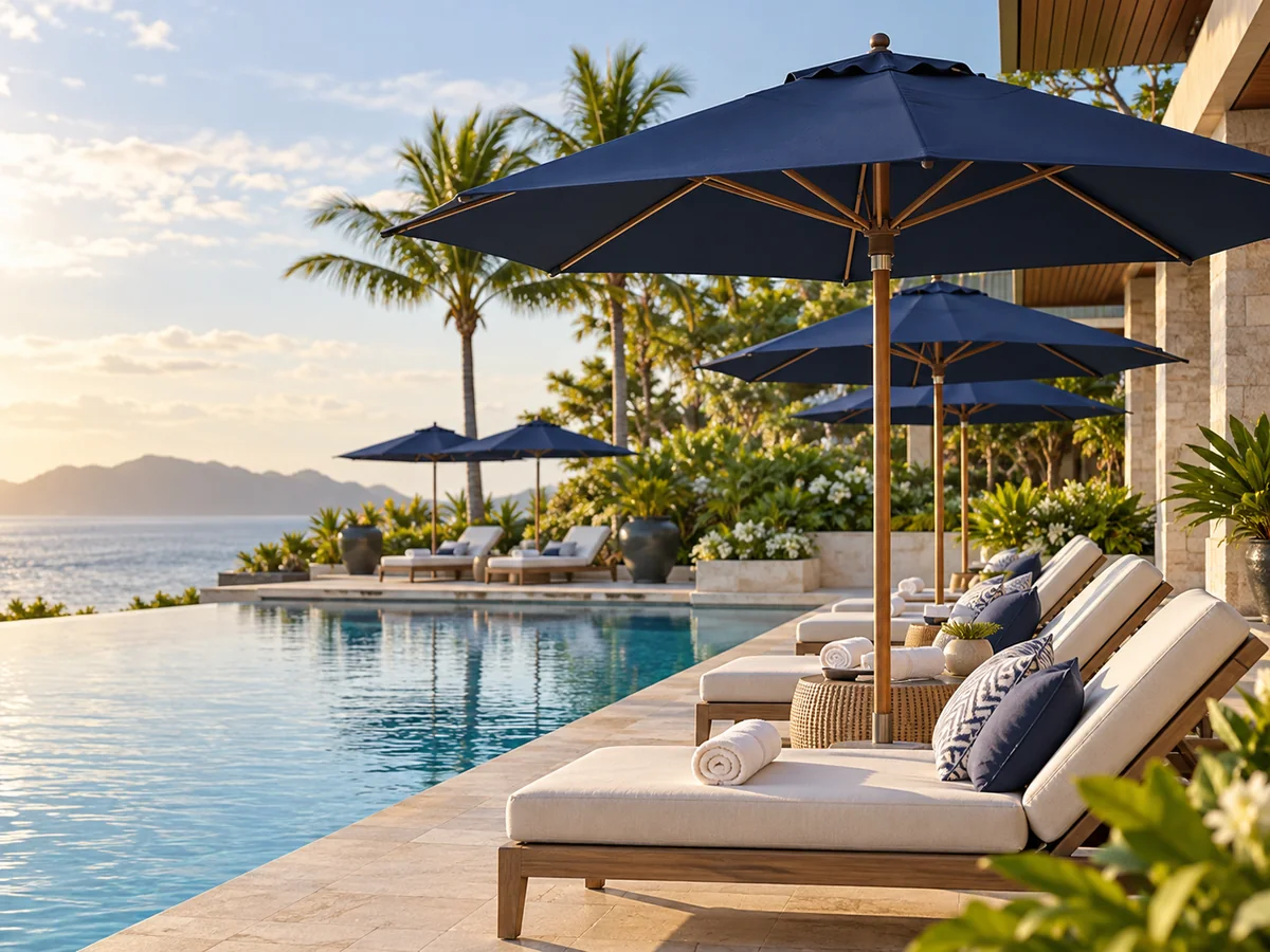 Custom navy outdoor umbrellas at a luxury hotel resort