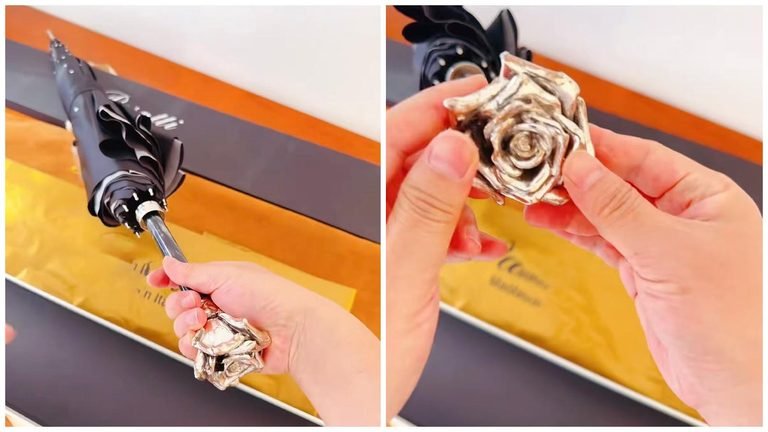 Customized rose gold umbrella handle along with the overall pattern, displayed together, 3D printed and plated.