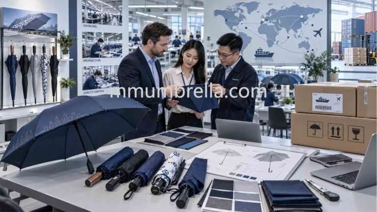 custom umbrella supplier for importers — buyers reviewing umbrella samples with the factory team