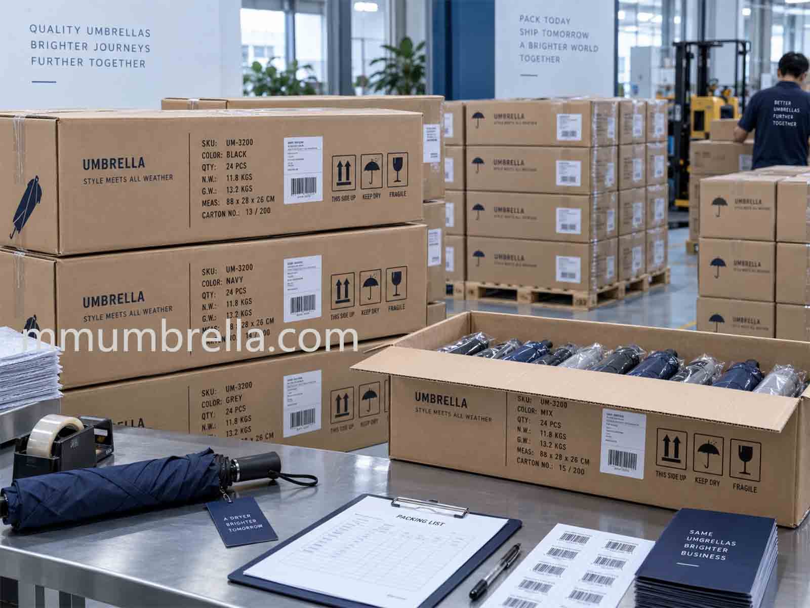 Export cartons printed with carton marks, SKU codes, weights and barcode labels