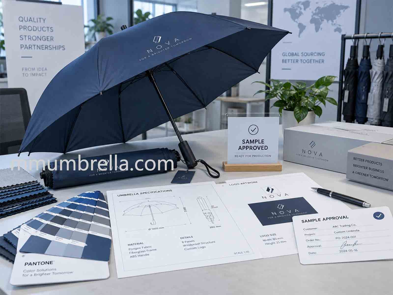 Umbrella sample approval with a Pantone colour book, specification drawing and signed approval form