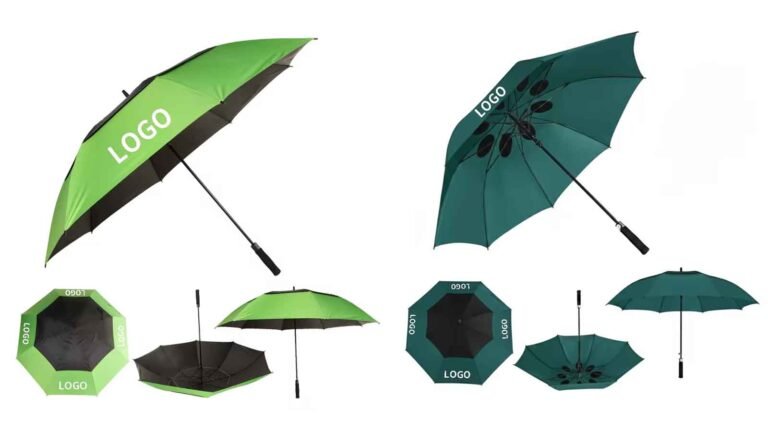 Corporate umbrellas in bulk presented as branded employee gifts with gift boxes