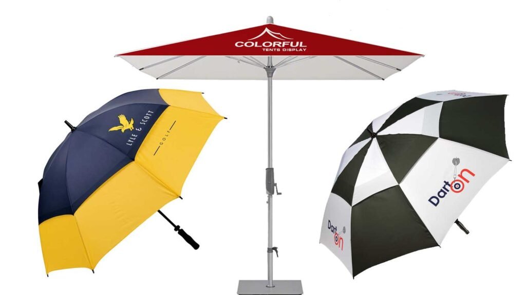 Custom event umbrellas with sponsor logos printed on the canopy, arranged for a trade show or outdoor event