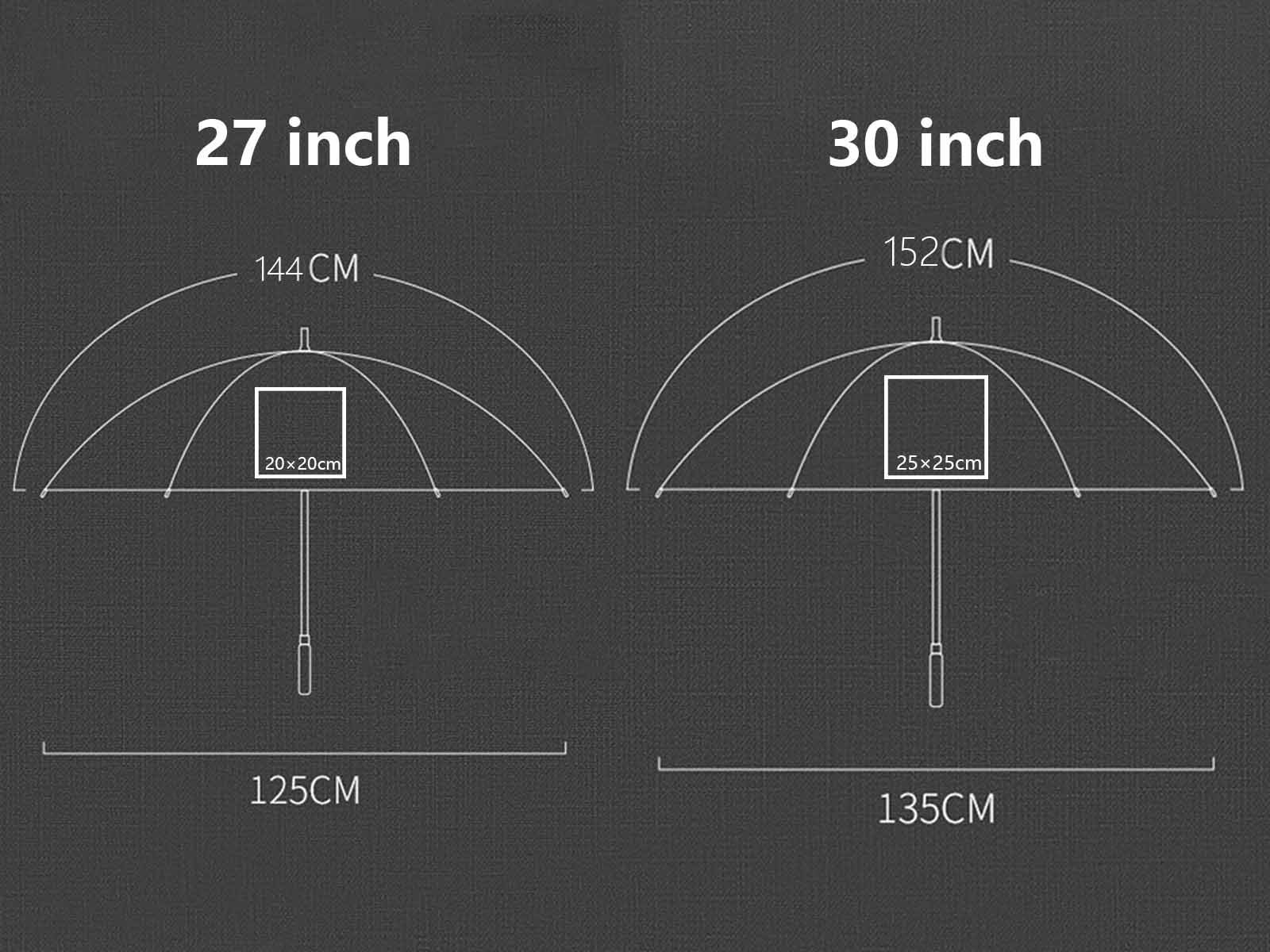 Áreas de impressão de logótipo em guarda-chuva de golfe: 20 x 20 cm para 27 polegadas e 25 x 25 cm para 30 polegadas