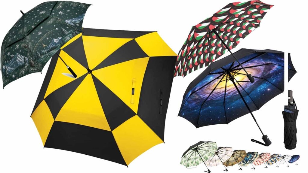Promotional umbrellas wholesale — a row of printed umbrellas with different client logos