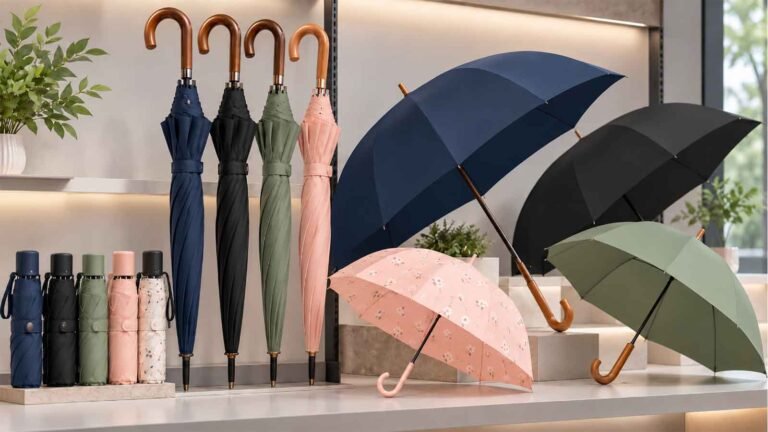 Wholesale umbrellas for retailers — folding, straight and kids umbrellas arranged on a retail display